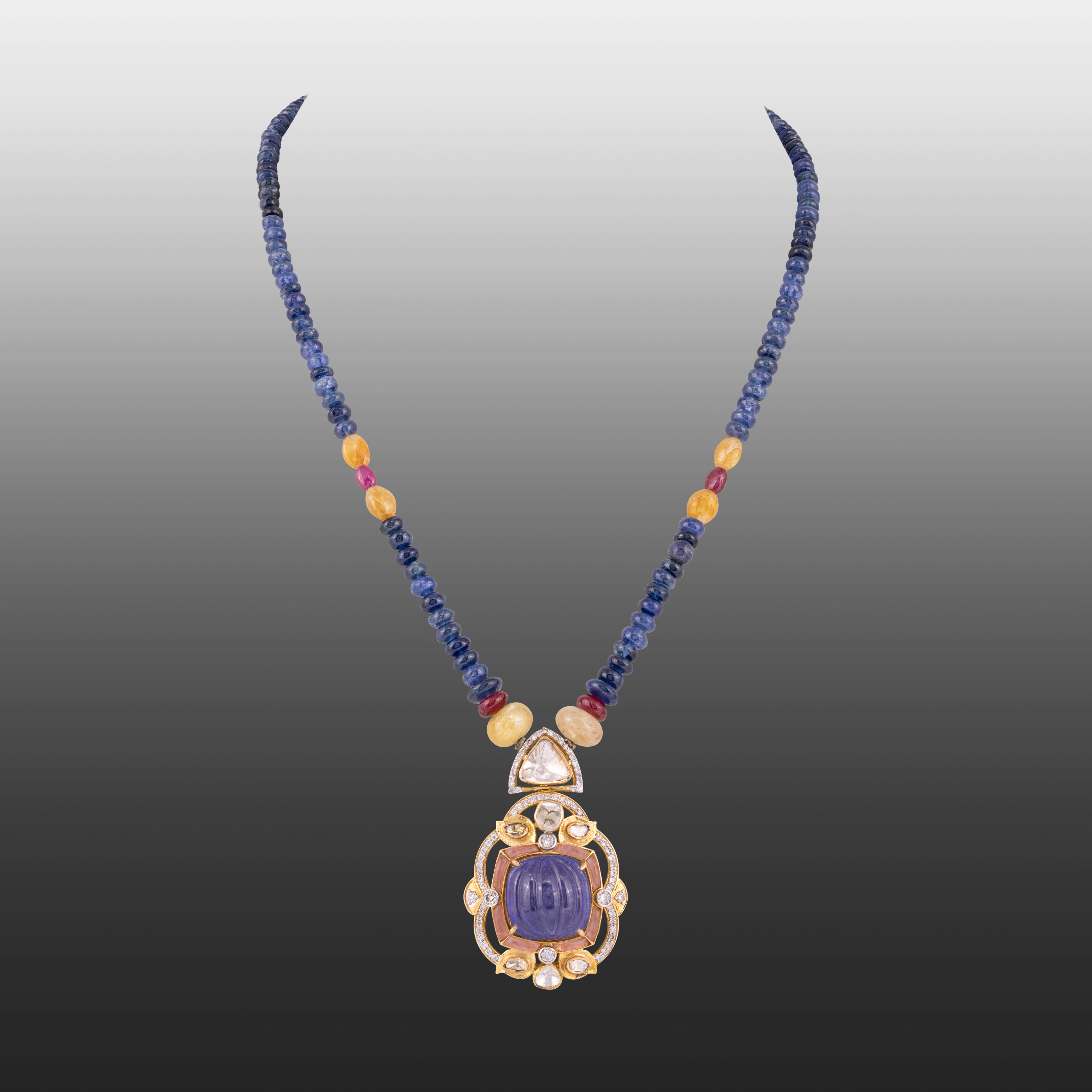 Carved Tanzanite Necklace with Polkis ,Diamonds and Sapphire Beads